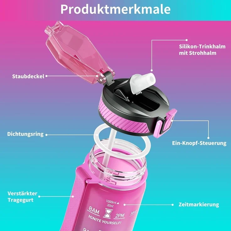 QLUR Trinkflasche 1L BPA-Frei mit Strohhalm und Zeitmarkierung Lila Grün – Bild 5