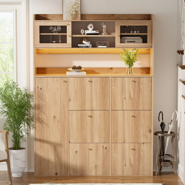 ZUBALIYA Schuhschrank (130 x 25 x 180 cm), 6 Klappfächer, LED - Beleuchtung, Stauraum für Flur und Eingangsbereich, Naturfarben – Bild 3