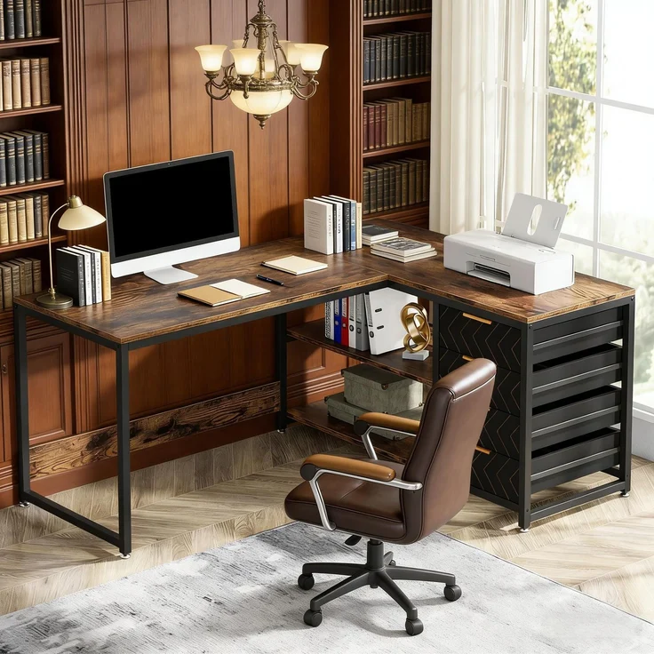 Stilvoll Computertisch,Bürotisch,Arbeitstisch,Eckschreibtisch,L-förmiger Schreibtisch (nur Tisch)--Schwarz, Rustikales Braun--150x110x75cm--YOUDENOVA – Bild 6