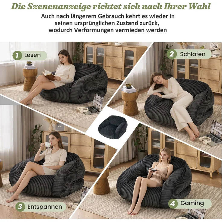Sitzsack für Erwachsene, flauschiger Loungesessel Cord, vakuumverpackt und montagefrei, für Wohnzimmer, Schlafzimmer, Balkon(Dunkelgrau)--Dunkelgrau--116x110x61cm--YOUDENOVA – Bild 7