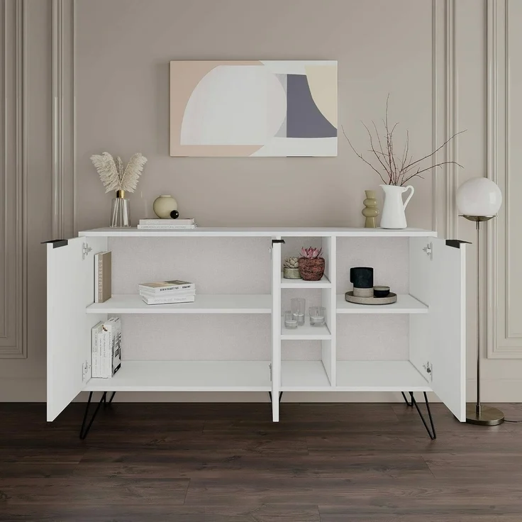 Dmora - Kommode Perseus, Wohnzimmerbuffet, Wohnzimmer-Sideboard, Moderne Küchen-Speisekammer, 142x36h83 cm, Weiß – Bild 4
