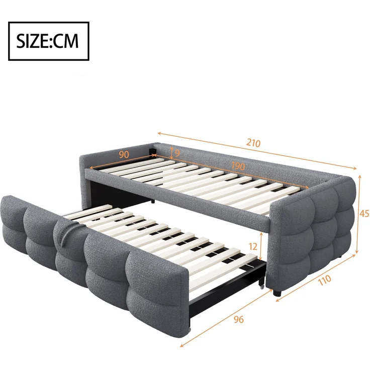 ZUBALIYA Schlafsofa 90x180 cm, ausziehbare Liegefläche, Lattenrost, Leiter, mit Teddy-Stoffbezug, Grau, ohne Matratze – Bild 20