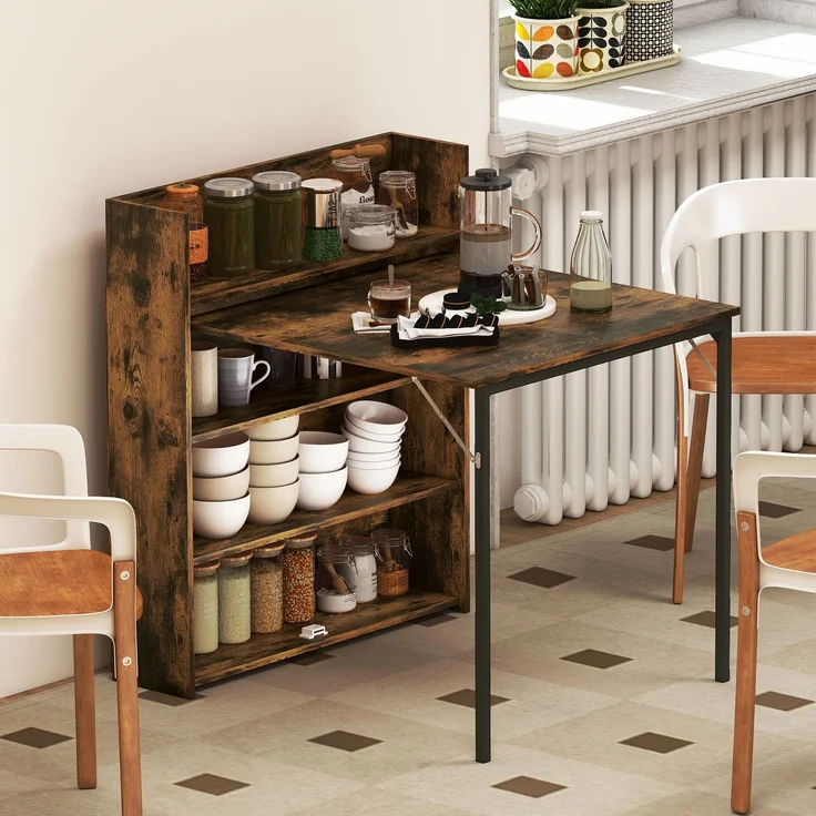 MELAYR, Esstisch Klappbar mit Regal, Industrie-Design, Platzsparend, Für Kleine Räume, 80x90x93cm, Rustikal-Braun – Bild 4