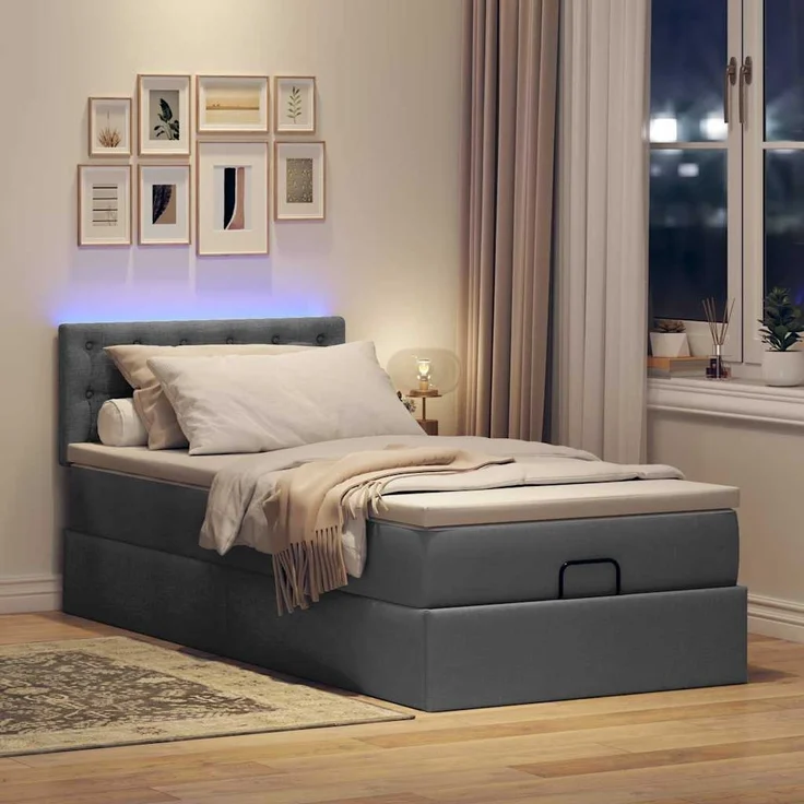 vidaXL Ottoman-Bett mit Matratze & LEDs Dunkelgrau 90x190 cm Stoff 3312437 – Bild 2