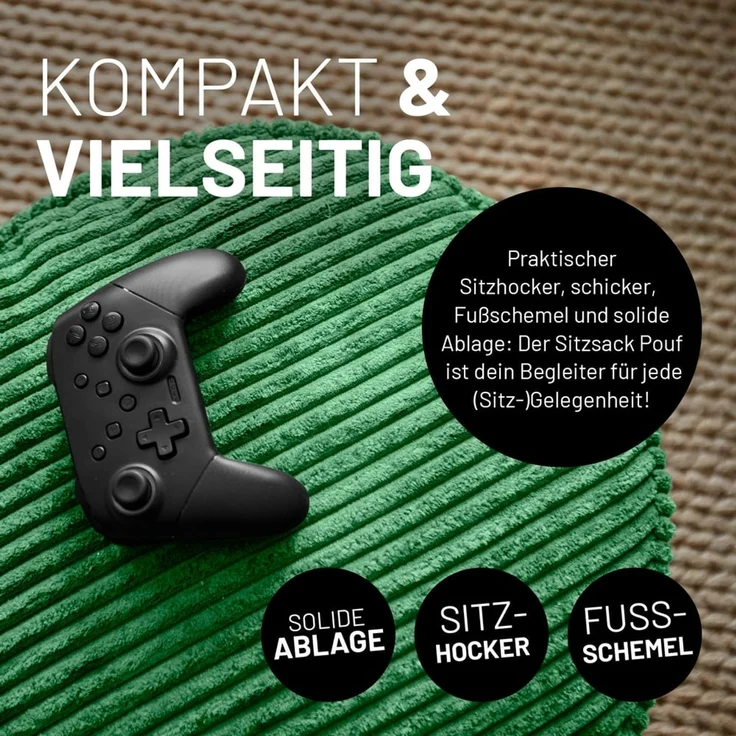 Lumaland Pouf Sitzsack-Hocker Pouf rund Cord 50l dunkelgrün, supersofte Füllung EPS-Perlen – Bild 6