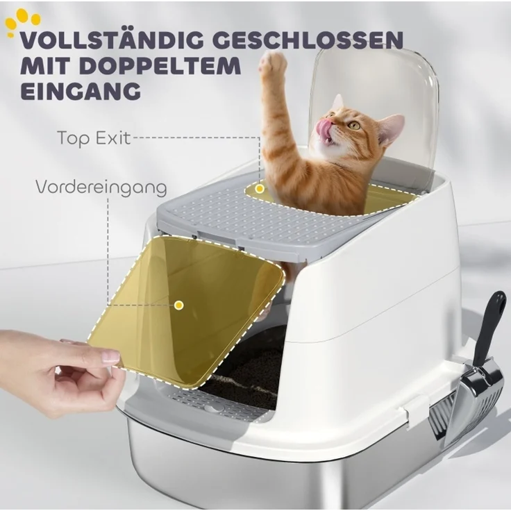 Geschlossene Katzentoilette aus Edelstahl mit Zwei-Wege-Zugang, 52,4x41,3x39,8 cm, Weiß – Bild 4