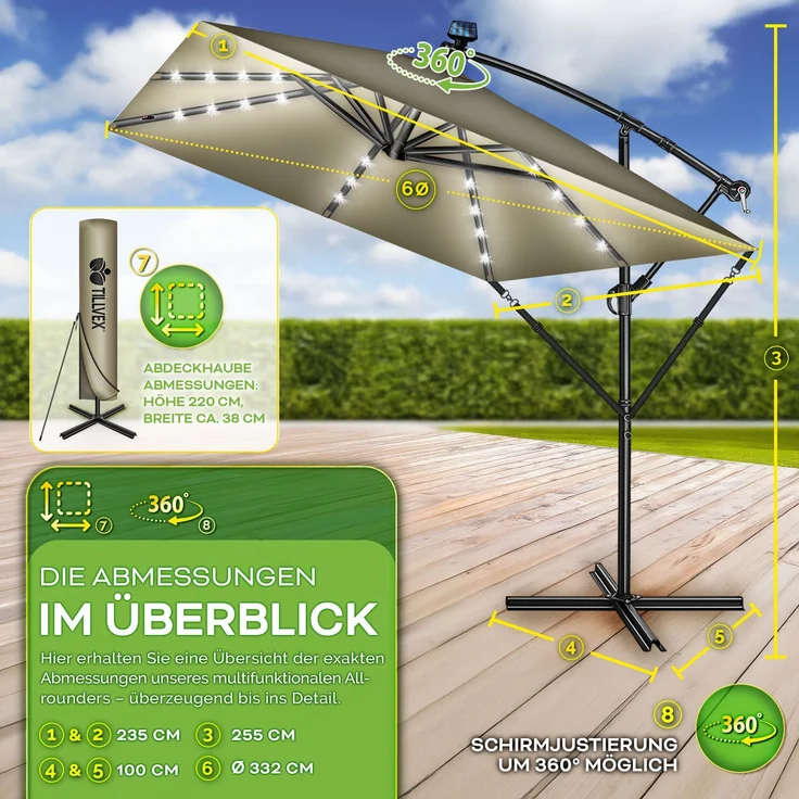 tillvex® Alu Sonnenschirm Rechteckig Ø 330 cm mit LED Solar Braun + Abdeckung mit Kurbel | Ampelschirm mit Ständer & Windschutz | Gartenschirm UV-Schutz, wasserdicht, 360° drehbar | Kurbelschirm Marktschirm – Bild 4
