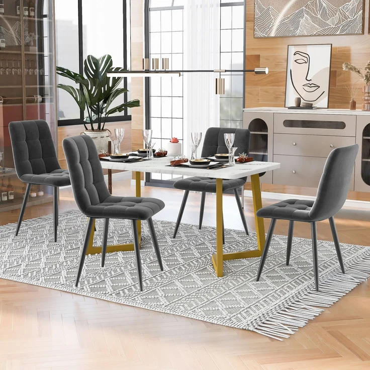Merax Esstisch 117*68*75cm mit 4er Set Samt Esszimmerstuhl, Essgruppe, (5-tlg, mit Metallbeine und MDF Platte), Grau – Bild 2