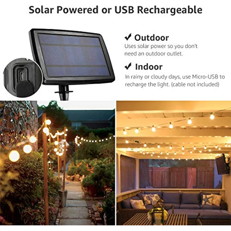 Lepro Solar Lichterkette G40, 7.62M mit 25 warmweißen LEDs, USB wiederaufladbar, 4 Beleuchtungsmodi für Garten, Balkon, Hochzeit und Weihnachtsdeko – Bild 2