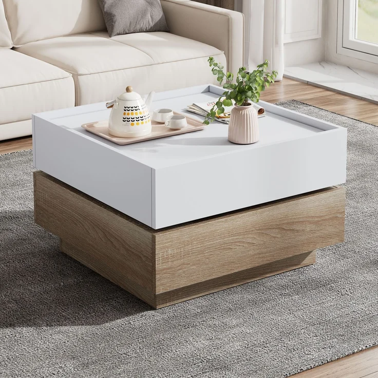 Couchtisch mit Aufbewahrungsschublade, drehbare Tischplatte, modernes Design Weiß & Walnuss, quadratischer Wohnzimmertisch – Bild 5