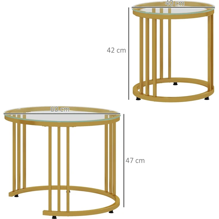 HOMCOM Couchtisch runde Couchtische Set von 2 mit gehärtetem Glas und Stahlrahmen (Beistelltisch, 2-St, Schachteltisch), für Wohnzimmer, Gold – Bild 3