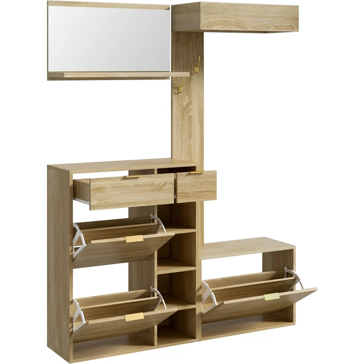 Garderoben-Set 130x30x174 cm mit Schuhschrank, Sitzbank, Spiegel und Hakenpaneel – Bild 6