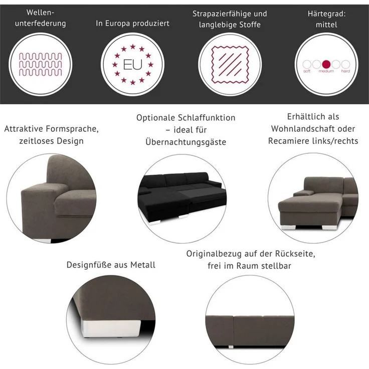 DOMO collection Wohnlandschaft Star, zeitloses und elegantes Design, viel Platz, Breite 304cm, U-Form, fester Sitzkomfort, wahlweise mit Bettfunktion – Bild 3