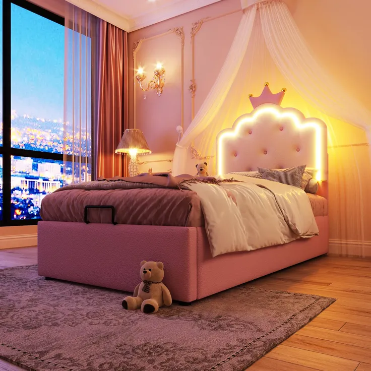 Prinzessinbett mit Stauraum und LED-Beleuchtung, 90x200 cm, Mädchenbett, Polsterbett für Mädchen, Einzelbett, Kunstleder – Bild 3