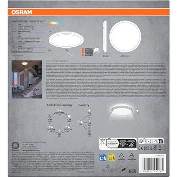 Osram ORBIS Ultra Slim Deckenleuchte 235mm, weiß, 15W, 1640lm, homogenes, warmweißes Licht (3000K) + Hintergrundlicht, dreistufige Dimmbarkeit über Wandschalter, ultraflach, Schutzklasse IP20 – Bild 3