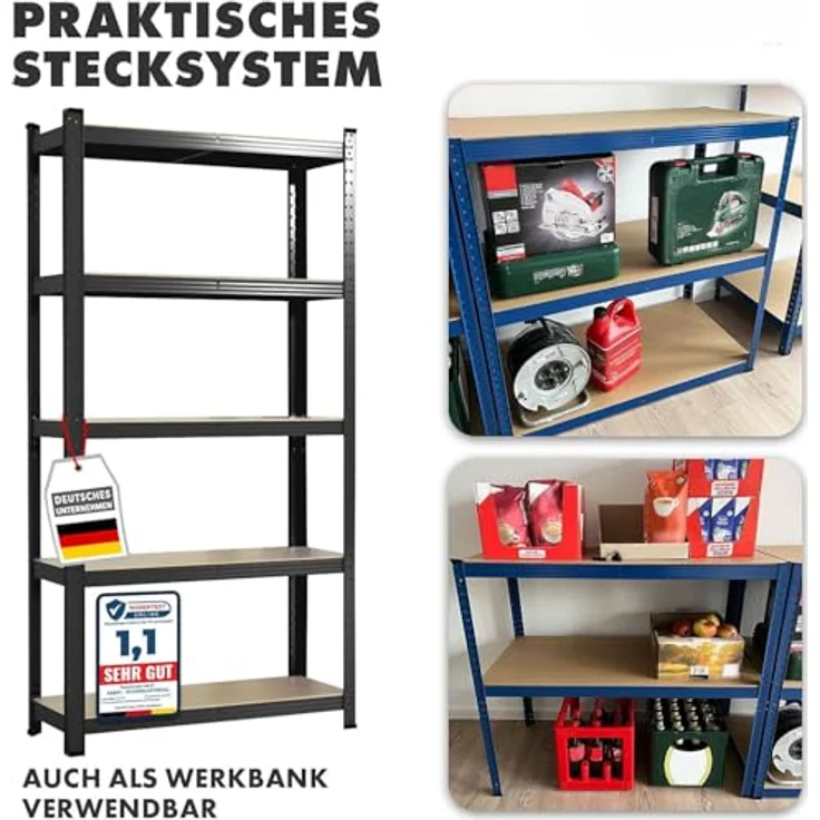 Floordirekt Schwerlastregal, 2er Set, schwarz 200 x 120 x 60 cm Steckregal, Kellerregal, Lagerregal, Werkstattregal, Werkbank - 5 verstellbare Böden (Lakota) – Bild 5