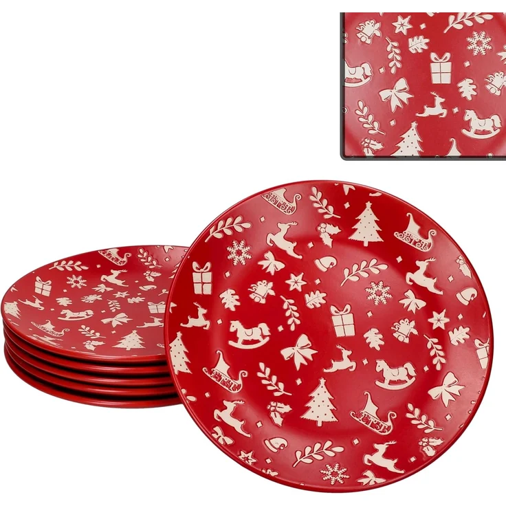 MamboCat Speiseteller 6er Set Advent Speiseteller Ø27cm Steingut Rot Weihnachten Essteller – Bild 2