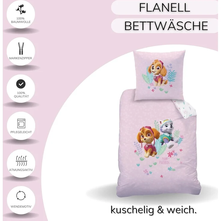 MTOnlinehandel Kinderbettwäsche Paw Patrol Biber/ Flanell in 135x200 + 80x80 cm, 100% Baumwolle, 2 teilig, Skye & Everest, kuschelig und weich, rosa, Mädchen – Bild 2