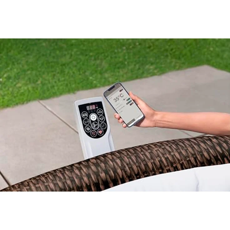 Bestway LAY-Z-SPA Energiespar-Whirlpool Bali AirJet™ für 7 Personen, mit App-Steuerung, Ø 216 x 71 cm, Rattan-Optik (Schokobraun), integrierte UltraFit™-Pumpeneinheit, 180 AirJet™-Düsen, Heizsystem mit Energiespartimer – Bild 4