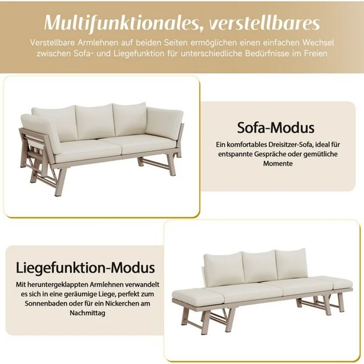 HAUSS SPOLE Gartensofa mit Liegefunktion,Dreisitzer Outdoorsofa mit klappbaren Armlehne,Beige, Gartenliege für Garten, Terrasse, Balkon, Verstellbare Armlehnen mit multifunktionalem Design – Bild 4