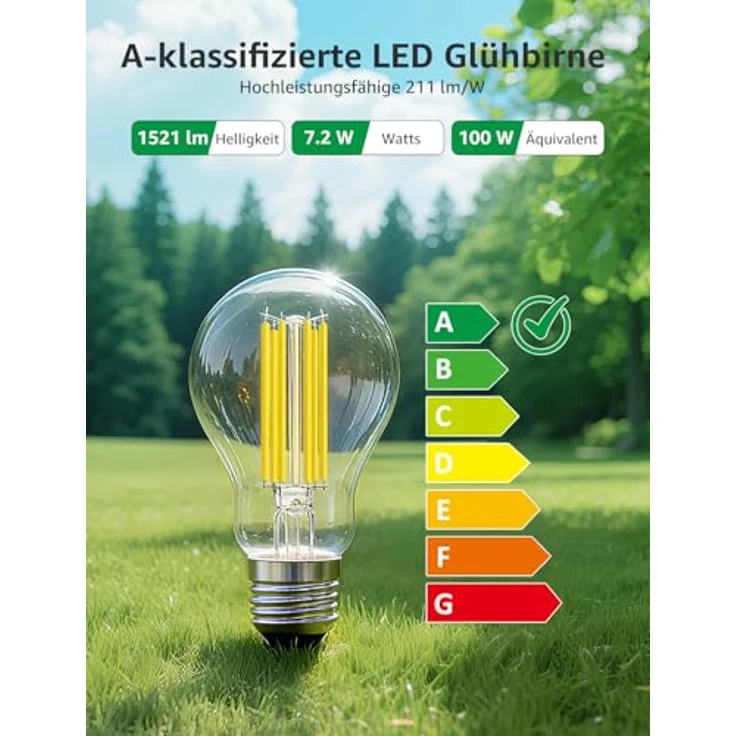 Lepro Energieklasse A E27 LED Warmweiss, 7.2W 1521 Lumen Glühbirne E27, Nicht Dimmbar, A60 Led Birne, 2700 Kelvin Warmweiß, 300° Abstrahlwinkel Energiesparlampe, ersetzt 100W Leuchtmittel, 1 Stück – Bild 5