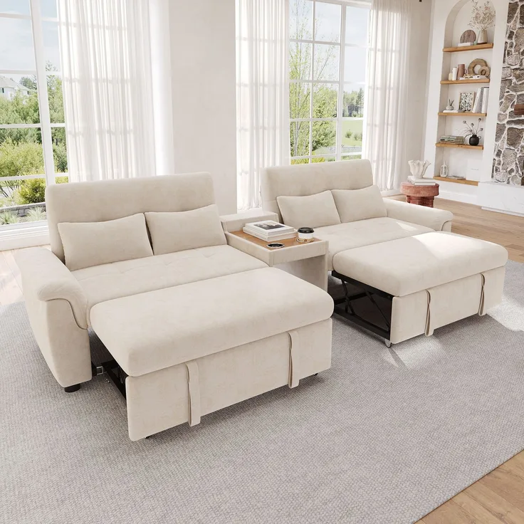 Merax U-förmiges Schlafsofa, ausziehbar, Doppel-Schlafauszug, verstellbare Rückenlehne, Haustierbereich, Couchtisch mit 2 Becherhaltern, 4 Kissen, Chenille, Beige, 284×138×89 cm