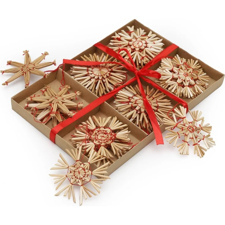 SALCAR 24-teiliges WeihnachtsbaumSchmuck aus Stroh, Strohsterne Set, Natürlicher Stroh Anhänger für Weihnachtsdekoration, handgemachter natürlicher Schmuck für Christbäume – Bild 1