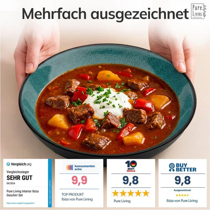Steingut Suppenteller 6 Pers. Ibiza Hochwertiges Mediterranes TEST SEHR GUT Steingut Tiefe Teller Set - Kratzfest, Für Spülmaschine, Mikrowelle - Pasta Teller Tief Groß - Pure Living in Petrol – Bild 3