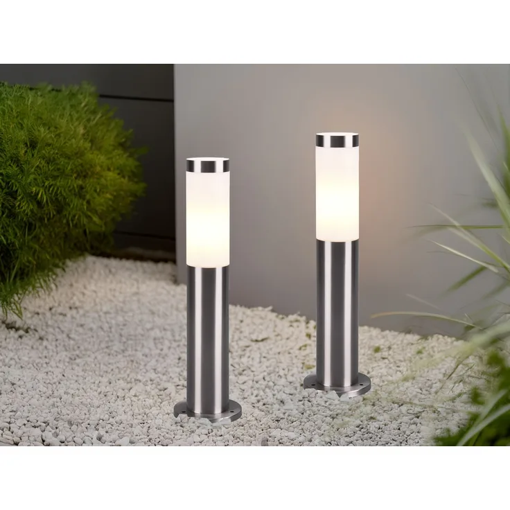 2er Set moderne LED Sockelleuchten aus Edelstahl in Silber, Höhe 45cm
