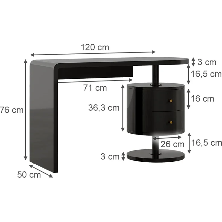Schminktisch Lara Schwarz Hochglanz 120 cm mit 2 Schubladen Vicco – Bild 3
