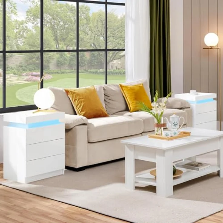 TUKAILAI Nachttisch mit LED Beleuchtung, 3 Schubladen und oberer Aufbewahrung, Hochglanz, Weißer Nachtschrank Modern, 45 x 35 x 67.5 cm für Schlafzimmer, Wohnzimmer – Bild 3