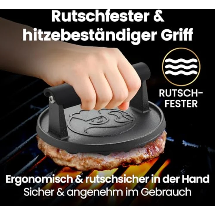 Gourmet Easy Burgerpresse Gusseisen antihaft | Großer Burger Smasher (Ø15cm) mit hitzeabweisendem Griff | Fleischbeschwerer für schmackhafte Hamburger & Smash Burger | Smash burgerpresse | Smasher – Bild 2