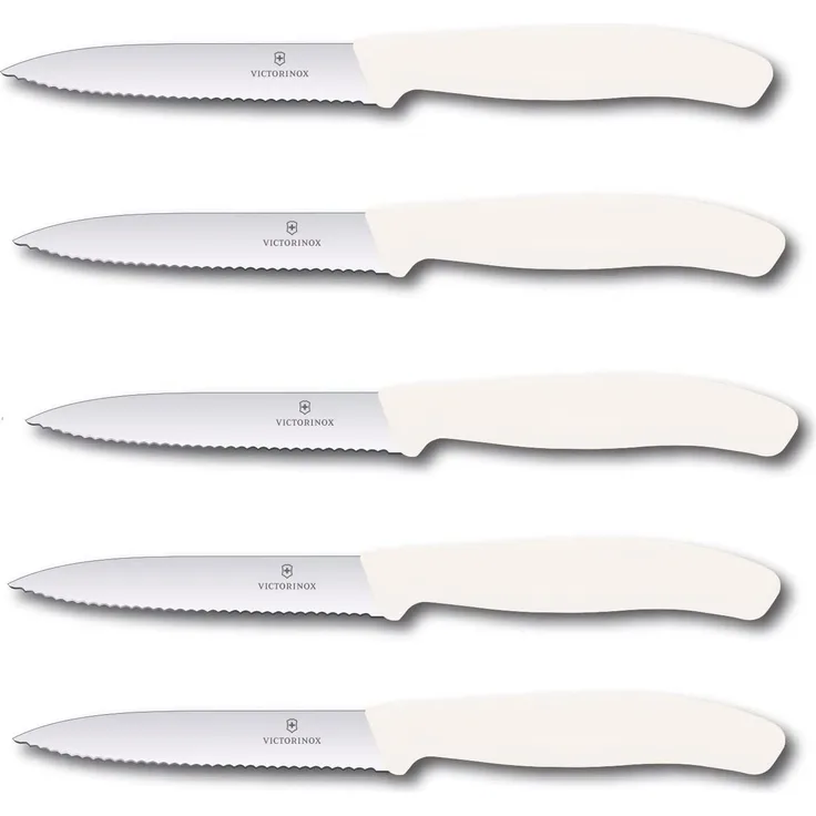 Victorinox | Swiss Classic Gemüsemesser Set | 10 cm Wellenschliff | perfekt für Tomaten | 5er Set | Weiß | ideal für präzises Schneiden und Schälen