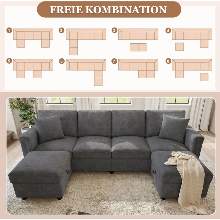 Flieks 4-Sitzer Modulsofa mit 2 Stauraumhockern, USB & USB-C, L- oder U-Form Polstersofa, 261 x 134 x 82 cm, Chenille, Grau – Bild 7