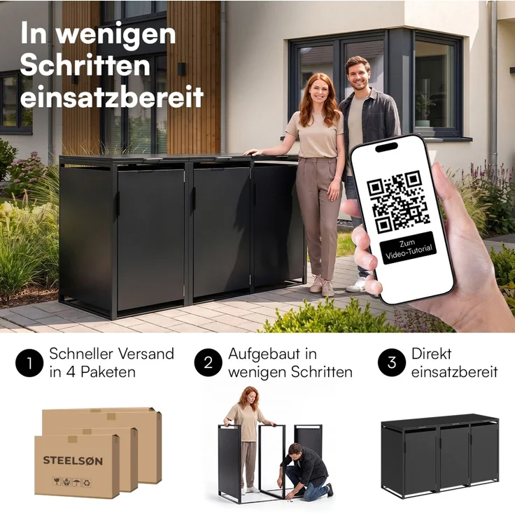 STEELSØN 'Thoria' Mülltonnenbox 3er je 240 Liter, graphitschwarz, Mülltonnenverkleidung aus Stahl, wetterfest, 116x80x203 cm, Müllbox für 3 Tonnen – Bild 10
