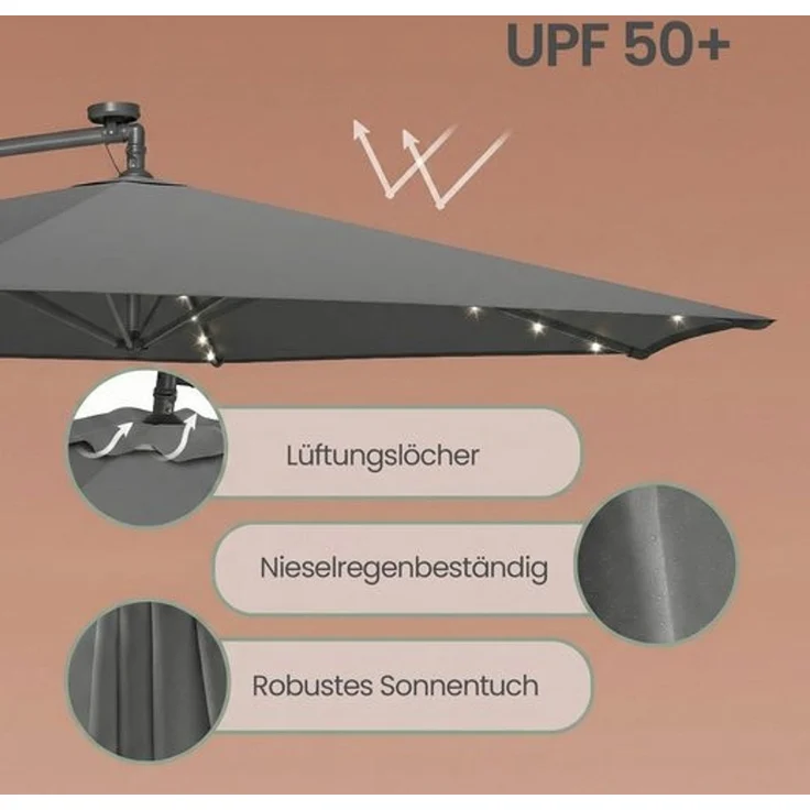 SONGMICS Ampelschirm 350 cm, mit Beleuchtung, UV-Schutz UPF 50+, Sonnenschirm mit Ständer, für Garten Terrasse, Kurbel, grau – Bild 4