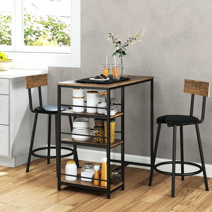 Bartischgruppe H 90,5 x T 50 x B 90 cm mit 3 Ablagen, Stahlgestell und 2 Barhockern