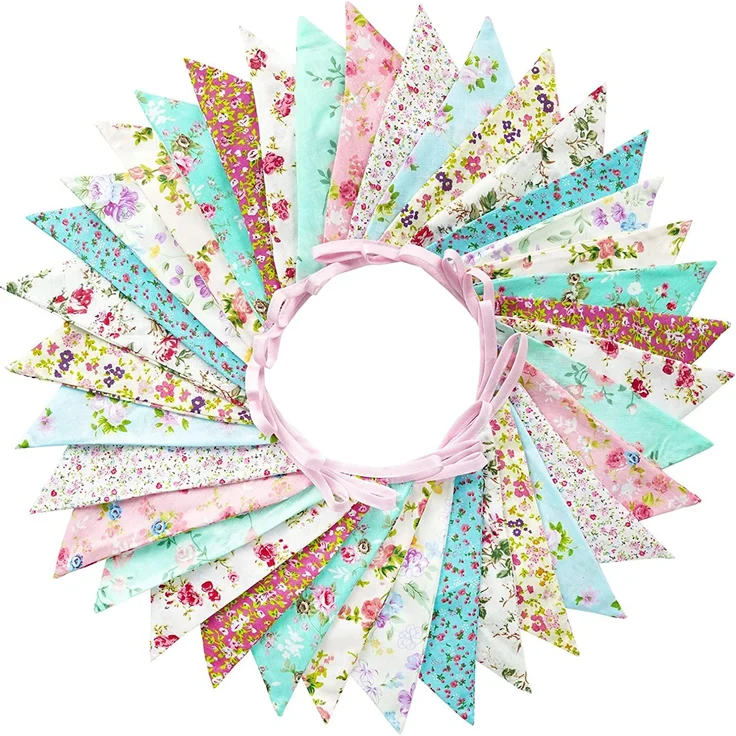 G2PLUS Süße Beidseitig Wimpel Girlande, 10M Bunting Wimpelkette Blau und Rosa Stoff Stoffgirlande mit 36 STK Farbenfroh Wimpeln für Hochzeits Geburtstag Party – Bild 1