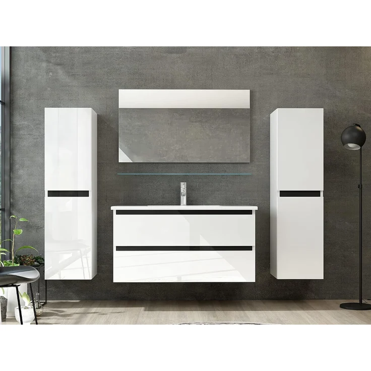Homeline Badmöbel Set mit Schubladen Glas ablage (Dennis Weiss, 90 cm 1x Hochschrank) – Bild 2