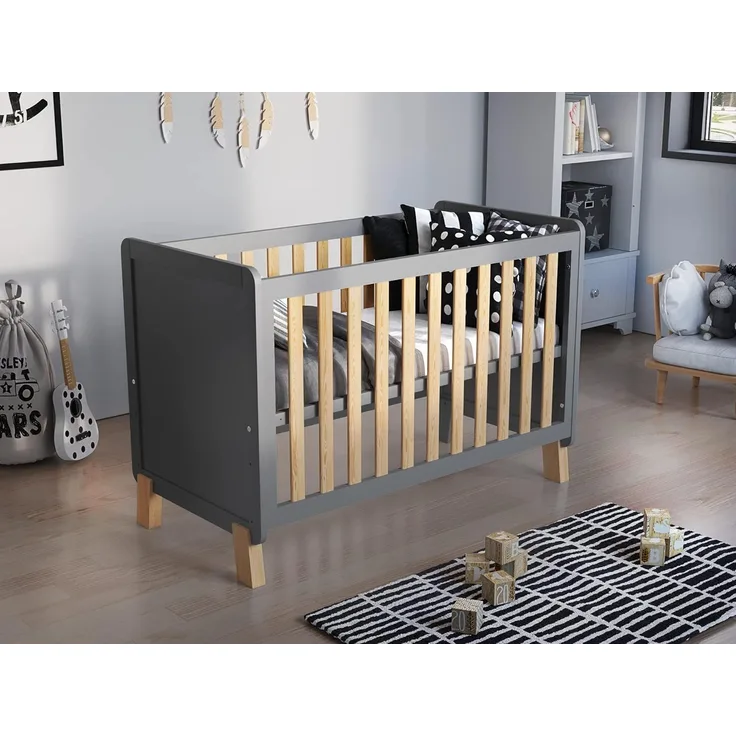 Love For Sleep Babybett,Gitterbett Grau-Kiefer 120x60 cm mit Schaumstoffmatratze Aloe Vera + Sicherheitsbarriere aus Holz