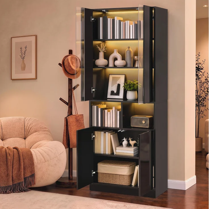 DESVIAE Garderobenschrank Hochschrank Schwarz aus MDF/Spanplatte – 70x180x35 cm – LED-Beleuchtung, Acryl-Sichtfenster – Bild 3