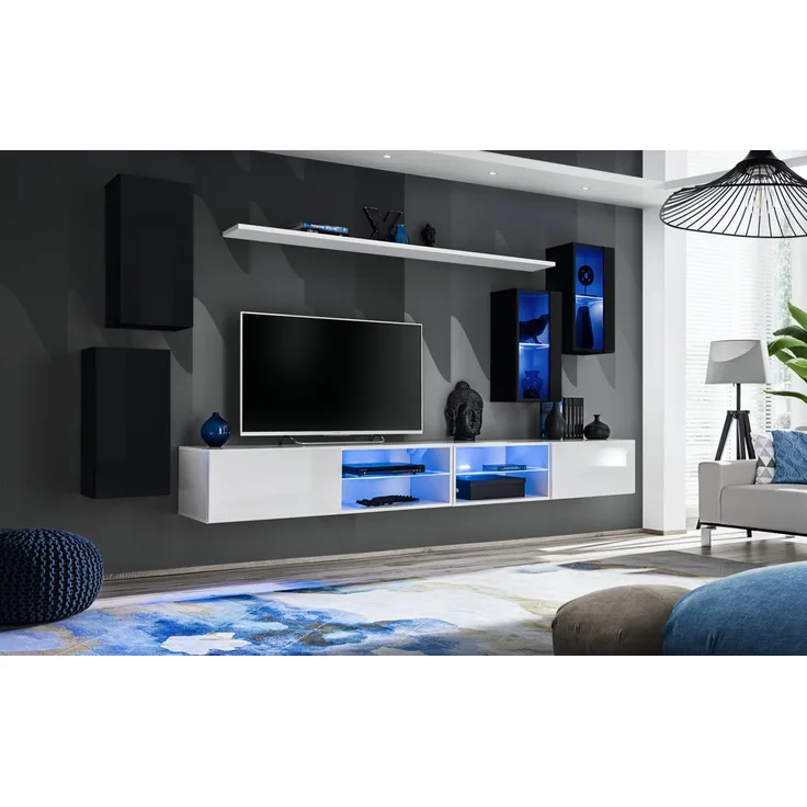Hängende Wohnwand Switch XXV in Schwarz und Weiß 280 x 150 cm 7-teilig