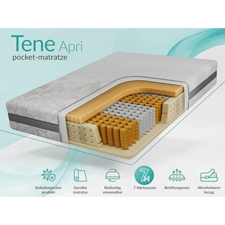 Taschenfederkernmatratze H3 – 7 Zonen Rollmatratze, abnehmbarer waschbarer Bezug, für Allergiker geeignet, Latex - 160 x 200 cm - TENE - APRI – Bild 4