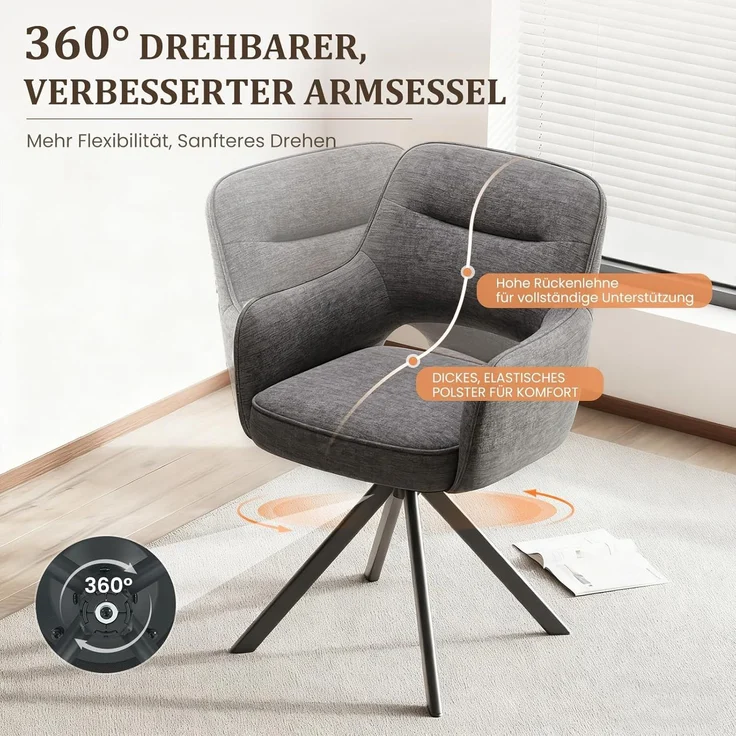 COLAMY Drehbare Esszimmerstühle 6er Set mit Armlehnen, Drehbare Polsterstühle für Küche & Esszimmer aus weichem Florstoff mit Metallgestell und Rückenlehne, für Esszimmer, Küche, Büro,Grau – Bild 6