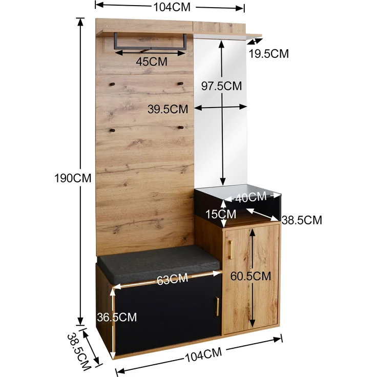 Merax Garderoben-Set,mit 4 Kleiderhaken, Spiegel, Schuhschrank, Wandgarderobe, oberes Ablagefach, Flurgarderobe Sitzbank – Bild 4