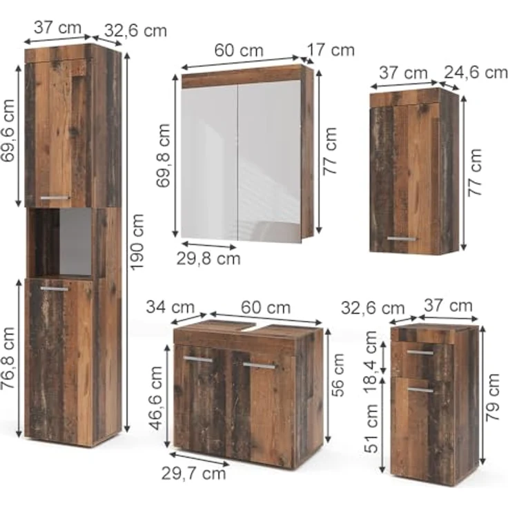 Vichy Badmöbelset Luna, 5-teiliges Oldstyle Badmöbel-Set mit Waschbeckenunterschrank und Spiegelschrank – Bild 3