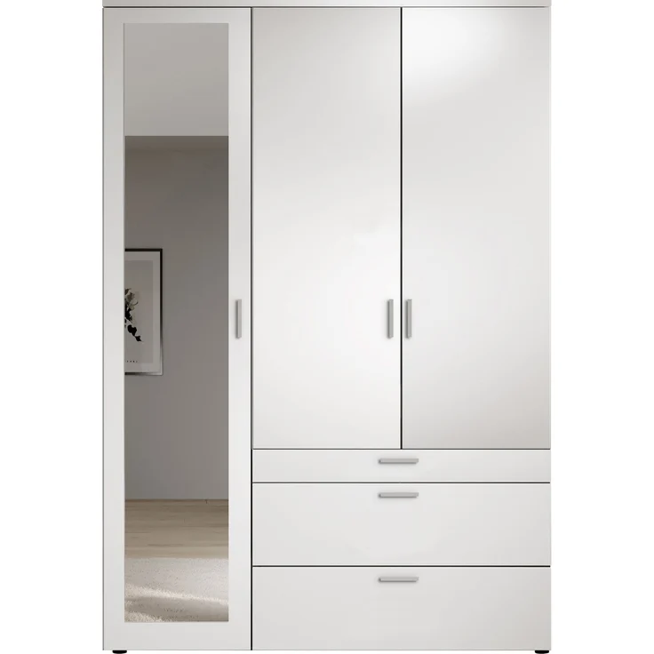 Kleiderschrank >Vesala< in Weiß mit Spiegel, Melamin - 135x195x56cm (BxHxT) – Bild 3