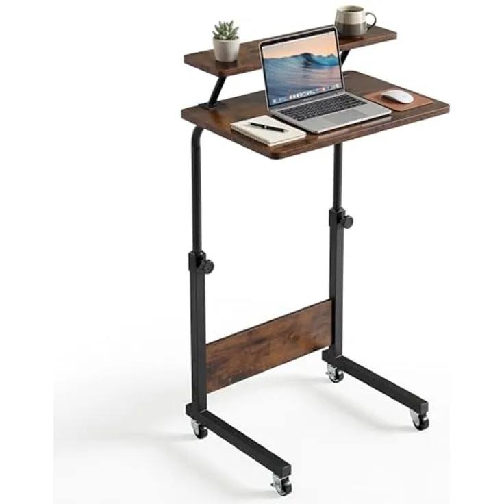 YITAHOME Beistelltisch Höhenverstellbar mit Rollen, Mobilfunk Laptoptisch, Tragbarer Home Office Schreibtisch mit Aufbewahrungsregal für Schlafzimmer, Stehpult Beistelltisch Rollen, Vintage-Braun