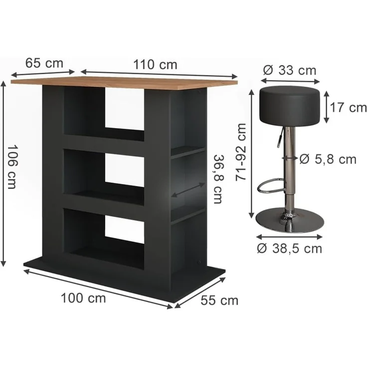 Bartisch-Set Repose Goldkraft Eiche/Anthrazit 110 x 65 cm mit 2 Barhockern Vicco – Bild 3