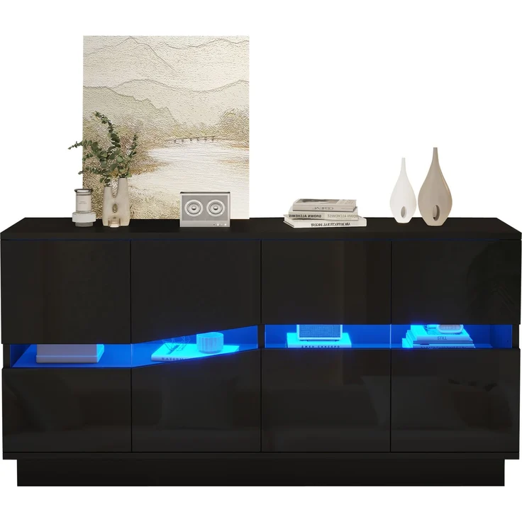 Sideboard 140 x 35 x 70 cm in Schwarz mit 4 Türen, verstellbaren Einlegeböden und LED-Beleuchtung – Bild 4